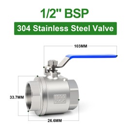 TAISHER 1 PCS 1/2 Inch FBSP Heavy Duty Full Porat Ball Valve 304 Stainless Steel with Blue Handles