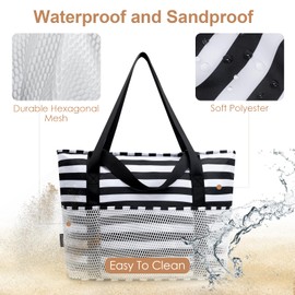 KABAQOO Large Beach Bag Waterproof Sandproof Tote Bag for Women with Zipper & Mesh Pockets for Pool Swim Travel Everyday, Black White Stripes, Large, Beach Bag, Pool Bag, Toys Bag, Grocery Bag