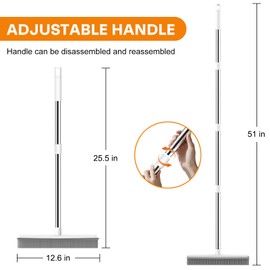 nacena Rubber Broom, 2 in 1 Pet Hair Removal Broom with Squeegee 51-in Adjustable Long Handle Carpet Broom for Cleaning Carpet Hardwood Floor Tile Window, Grey&White