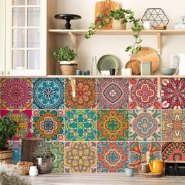 Colourful Moroccan Tile Stickers Mandala Tile Stickers Vintage Stair Sticker Table Stair Stickers Vinyl Wall Tile Stickers Modern Peel and Stick for Kitchen Living Room Home Decor (6x6 inches)
