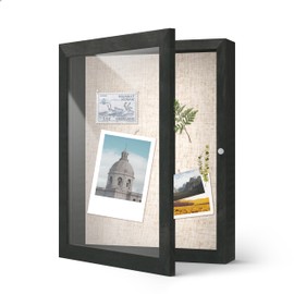 FrameWorks 8.5x11 Deep Shadow Box Frame, Wooden Display Case w. Linen Board & Tempered Glass Door - Black Woodgrain - Medium - Wall Mounted