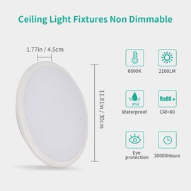 DELIPOP 12 Inch Ceiling Light, 24W Surface Flat LED Ceiling Light for Indoor/Outdoor, IP54 Waterproof Round Ceiling Light Fixture for Bathroom, Bedroom, Kitchen, Hallway, Balcony