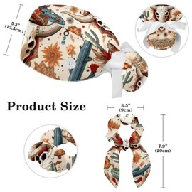 Women Working Cap with Buttons Bouffant Hat Wild West Cowboy Boot Animal Skull Cacti Arrows Nurse Scrub Caps Long Hair Multicoloured, Multicoloured, One Size
