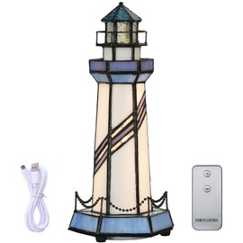 Bieye L10776 Lighthouse Tiffany Style Stained Glass Accent Table Lamp Night Light for Home Decoration (5x5x11, Blue)