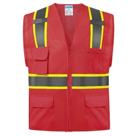 SHORFUNE High Visibility Mesh Safety Vest with 10 Pockets, Mic Tabs, Zipper and Reflective Strips, Reflective Construction Vest for Men and Women, ANSI/ISEA Standards, Red,5XL