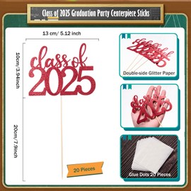 MixTeach 20 Pack Class of 2025 Graduation Centerpieces for Tables 2025 Glitter Graduation Centerpieces Sticks Graduation Party Table Topper for 2025 Graduation Table Party Decorations Supplies, Red