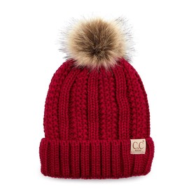 C.C Kids' Children's Cable Knit Faux Fuzzy Fur Pom Fleece Lined Cuff Beanie, Red