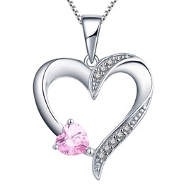 YL Women's Heart Necklace, 925 Silver Pendant Heart with 12 Birthstones, Zirconia Chain for Women, 45-48 cm, Silver, October, pink