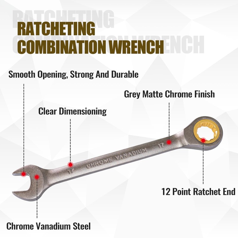 DAKCOS 16mm Ratchet Spanner Fixed Head Ratcheting Combination Wrench, Metric