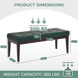 Bedroom Bench, 47.2" Button-Tufted Leather Ottoman Bench, Entryway Bench Seat, Upholstered End of Bed Bench with Rubber Wood Legs for Living Room, Foyer, Dining Room, 47.2" L x 17" W x 17" H, Green