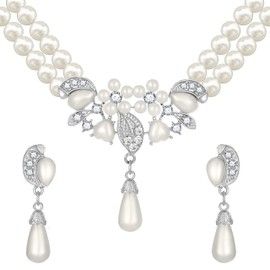 Sisslia - Juego de collar de perlas hecho a mano, cadena en capas, clásico, estética, negro, collar de perlas para citas, cumpleaños, joyería para mujer, día de la madre, Navidad, Latón, Diamantes de imitación