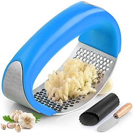 Zulay Stainless Steel Garlic Press Rocker Set - Premium Garlic Mincer With Silicone Peeler & Scraper - Arc Shape Design Garlic Crusher With Comfortable Grip (Blue)