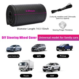 Ziciner Genuine Leather Steering Wheel Cover, Stitch on Wrap, Breathable Anti-Slip Car Steering Wheel Protector for Max Diameter 15 Inch, DIY Sewing with Needles Thread (Black, Hole)