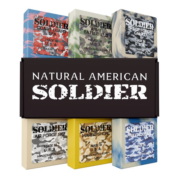 NATURAL AMERICAN Mens Bar Soap – Masculine Scents, 100% All Natural Soap for Men - Essential Oils, Organic Shea Butter - Mens Soap (6pk), Man Soap Made in USA, 5 oz Mens Soap Bar - SOLDIER Body Soap