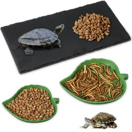 Yiyiring Reptile Basking Platform 11.8 x 5.9 Inch Rock Reptile Food Bowl Plate with 2 Sizes Leaf Reptile Food Water Bowl Feeding Dish Habitat Decor for Tortoise Corn Snake Lizard Bearded Dragon Pet