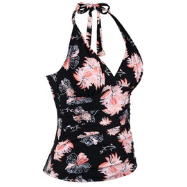 Mycoco Top de natación halter para mujer, cuello en V, parte delantera fruncida, negro/floral, 10