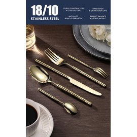 HODOQIAM 20-Piece Silverware Set, Stainless Steel Flatware Set for 4, Modern Hammered Utensil Tableware Set Include Dinner Knife/Fork/Spoon, Mirror Finish, Dishwasher Safe (20, champagne gold)