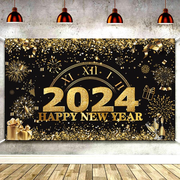 2024 Happy New Year Banner, Fabric Extra Large Happy New Year Backdrop 2024 for Decorations, 44x72 inch New Years Eve Party Supplies 2024 Black and Gold Backdrop for New Year Party Supplies