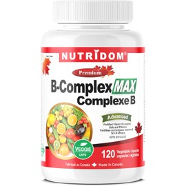 Nutridom B-Complex Max, Active B-Complex with Methylated B12, Methylfolate, P-5-P, Choline & Inositol, Canadian-Made, Vegan, Gluten Free, Non-GMO, Vegetarian Capsules (120 count (Pack of 1))
