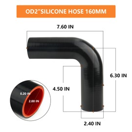 GASHER 1PCS 90 Degree Elbow Silicone Hose 2"ID, Silicone Couplers Leg Length 6.3" (160mm) with 2 T-Bolt Clamps, Intercooler Pipe For Intake And Turbo Applications