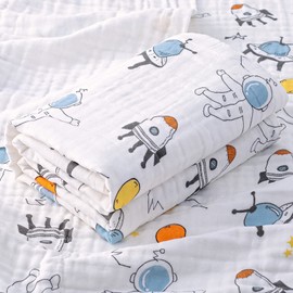 Hivia Muslin Baby Blanket, 6-Layer Cuddly Blanket, Baby Cotton Muslin Blanket, Children's Swaddle Blanket, Soft Bath Towel, Children's Blanket for Newborns, Girls, Boys, 110 x 110 cm (Spaceman)