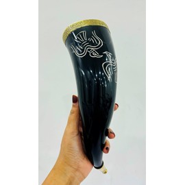 Viking Drinking Horn Buffalo horn drinking horn decorated with Handmade Unique Drink horn ravens Drinking Beer Mug Brass knob