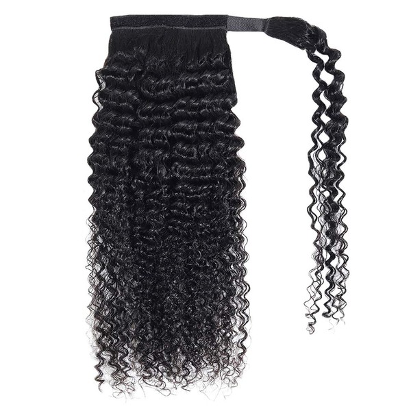 Seelaak 100% Brazilian Human Hair Curly Ponytail Extension Wrap Around Kinky Curly Human Hair Ponytail with Magic Paste Binding Pony Tails Hair Extensions for Black Women (18inch)