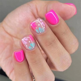 24Pcs Square Press on Nails Short Fake Nails Rose Pink Nails Press Ons Acrylic False Nails with Flower Designs Summer Artificial Glue on Nails Glossy Full Cover Stick on Nails for Women Girls