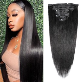 SEELAAK Human Hair Clip In Extensions 22 Inches Remy Silky Straight Human Hair Clip Ins Natural Black Color 8Pcs Brazilian Straight Clip In Hair Extensions for Black Women 100g (22 Inch)