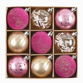 DecorbyHannah Christmas Ornaments, Pink Gold Christmas Tree Decorations, 9ct 60mm Shatterproof Hanging Velvet Christmas Ball Ornaments for Small Tree Home Indoor Birthday Party Decor