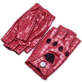 YISEVEN Women's Motorcycle Driving Fingerless Leather Gloves Lined Classic Soft Sheepskin 1/2 Half Finger Button Punk Rock Cycling Fitness Texting Warm Dress Winter Gift, Red 7.0"/Medium