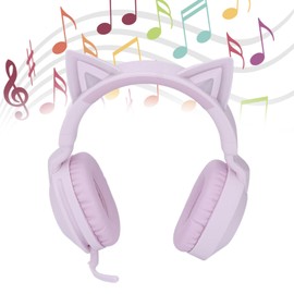 Cat Ear Wireless Headphone with Mic, Volume Control Cat Ear Bluetooth Headphone, LED Light Foldable Music Gaming Headset with 3.5mm Aux Cable & Speaker for Kids Adults (Purple)