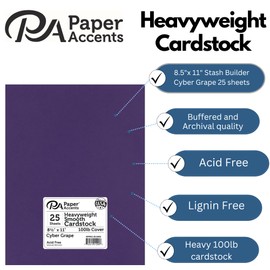 PA Paper Accents Heavyweight Smooth Cardstock 8.5" x 11" Cyber Grape, 100lb Colored cardstock Paper for Card Making, Scrapbooking, Printing, Quilling and Crafts, 25 Piece Pack
