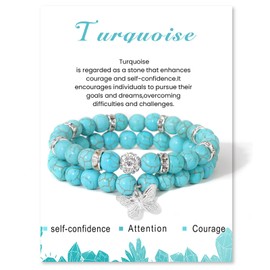 ZENGSING 2 PCS Natural Beaded Bracelet, Natural Stone Stretch Bracelet, Stretch Elastic Butterfly Charms Stone Bracelet, Yoga Stone Beaded Bracelet, Jewelry Gifts for Her Girls Women (Blue)