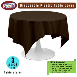 PARTY ULYJA Brown Tablecloths Plastic 3 Pack Premium 84 Inches Disposable Table Covers Decorative Table Cloths for Round Dinning Kitchen Tables