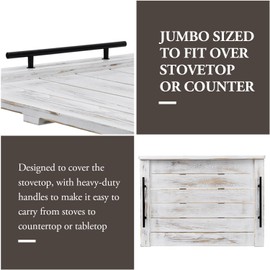 MyGift 29.5 Inch Extra Large Noodle Board, Shabby White Washed Solid Wood Stove Top Cover with Black Metal Handles, Decorative Oversized Kitchen Countertop Serving Tray