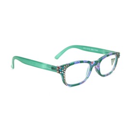 Vera, Women Reading Glasses Bling Adorned with Black Diamond and Blue Zircon Genuine European Crystals, Paisley Green. NY Fifth Avenue. (Small Frame)