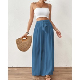 Bsubseach Wide Leg Pants Woman Flowy Floral Palazzo Pants for Women High Waisted Summer Casual Trousers Cruise Outfits Hazy Blue L