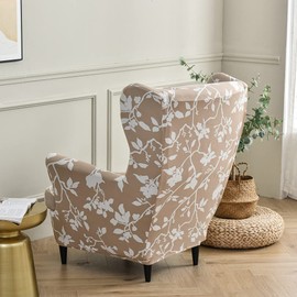 Highdi 2-Piece Wing Chair Cover, Armchair Throws, Wing Chair Protective Covers, Elastic Stretch Tiger Chair Cover with Armrest, High Backrest, Universal (Branch of White Flower)