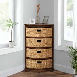 eHemco Hampton Meadows 4 Tier X-Side Corner Table Storage Cabinet with 4 Wicker Baskets, Walnut