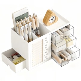 GonGieie Desk Organizer with Drawer, Stationery Pencil Pen Holder for Desk, Multi-functional Desk Organizers and Accessories, Workspace Organizers for Office School Home Supplies