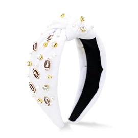 Football Knotted Headband for Women, Rhinestone Jeweled Pearl Embellished Wide Top Knot Headband for Football Mom Fans, Fashion Non Slip Trendy Game Day Outfits Sports Hair Accessories Gifts (White)