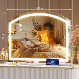 Hasipu Makeup Vanity Mirror with USB Charging Port, Arch Lighted Vanity Mirror with Lights with 10X Magnification, Dimmable 3 Colors Mode, Bluetooth Speaker, Arched Mirror 31.5"x23.6"
