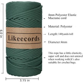 Likeecords Cordón de macramé trenzado de poliéster de 4 mm 140 yardas / 426 pies, hilo elástico para crochet, cordón de bolsa para manualidades DIY, perchas de plantas, bolsa y decoraciones para el