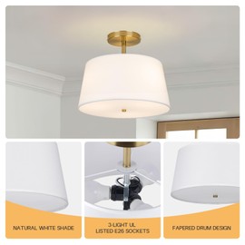 CALOKES Modern Cone-Shaped Semi Flush Mount Ceiling Light Fixture, 3-Light Drum Lamp with Gold Brass Finish and White Fabric Shade for Bedroom, Kitchen, Dining Room, Hallway, Entryway, and Foyer