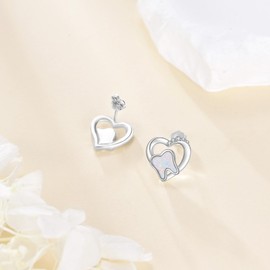 Tooth Stud Earrings 925 Sterling Silver Heart Opal Teeth Earrings Dental Tooth Jewellery Gifts For Women Female Doctor Nurse