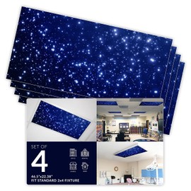 Fluorescent Light Cover for Classroom Ceiling Lights - Premium Backlit Film 2x4 (22.38"x46.5") Florescent Fixture (Pack of 4) School, Office, Sensory, Improve Focus, Eliminate Headaches - Astronomy