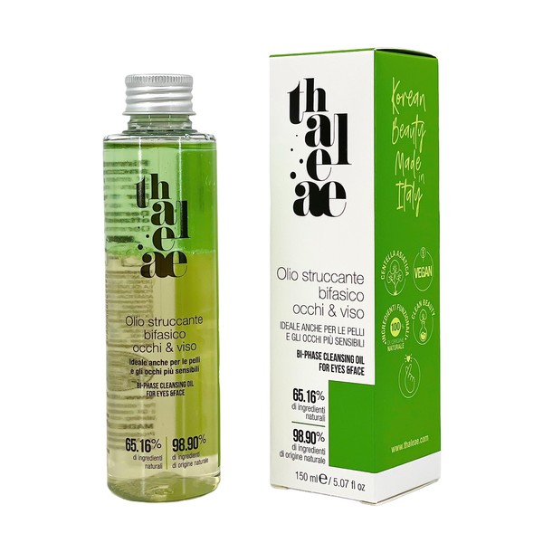 THALEAE, Biphasic Eye and Face Makeup Remover Oil 150 ml, Made with 65.16% Natural Ingredients, with Cleansing and Purifying Function, Ideal for Sensitive Skin and Eyes, Made in Italy
