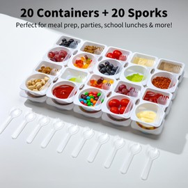 20 Sets Reusable Snack Containers with Lids & 20 Sporks – Double Compartment for Portion Control, BPA-Free Leak-Proof Dipping Containers for Meal Prep, Travel, and Outdoor Snacks (White)