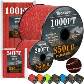 Thadavo Reflective Paracord Rope 850Ib, 50/100/200/500/1000ft 4MM 11 Strand Cords Lanyard Utility Parachute Cord for Tent Camping Hiking Fishing Survival Tactical Clothesline DIY Projects, Red